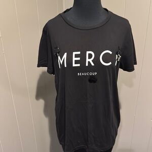 F & F black short sleeve “MERCI” graphic beaded and sequin crew neck tee shirt.